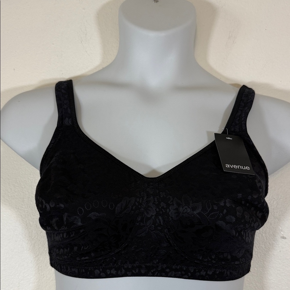 Avenue Black Floral Lace Soft Caress Wireless Bra 42D NWT SKU1366